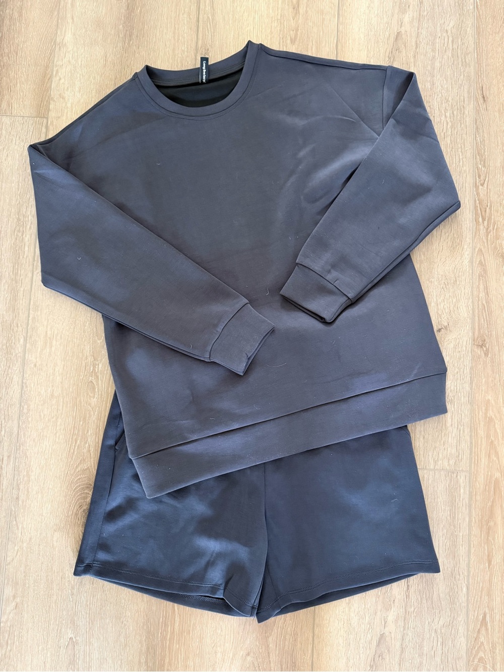 NWOT Lazy Pants Charcoal Gray Luxe Sueded Crewneck Sweatshirt Shorts Set Outfit